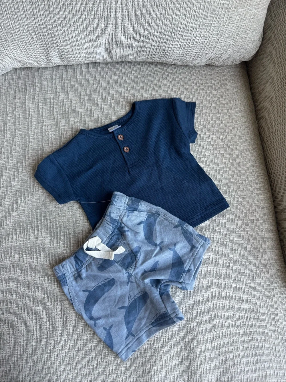 Carter's Navy Ribbed Henley Top with Light Blue Whale Shorts 6 months